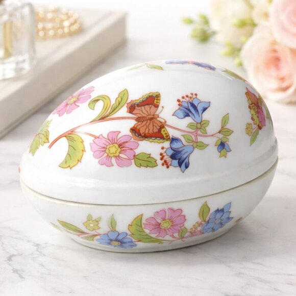 Mann Other - Vintage MANN Korea Country Butterfly Porcelain Egg Trinket Box Floral Design